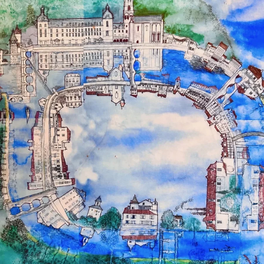 Aquarelle de Brantôme dessinée en anneau autour de la Dronne